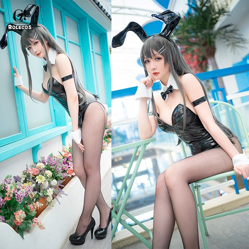 Sakurajima Mai Costume Sexy Bunny Cosplay  Leather Jumpsuit