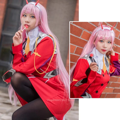 Zero Two Cosplay Costume DARLING In The FRANXX  Dress Uniform Set Headwear Wig