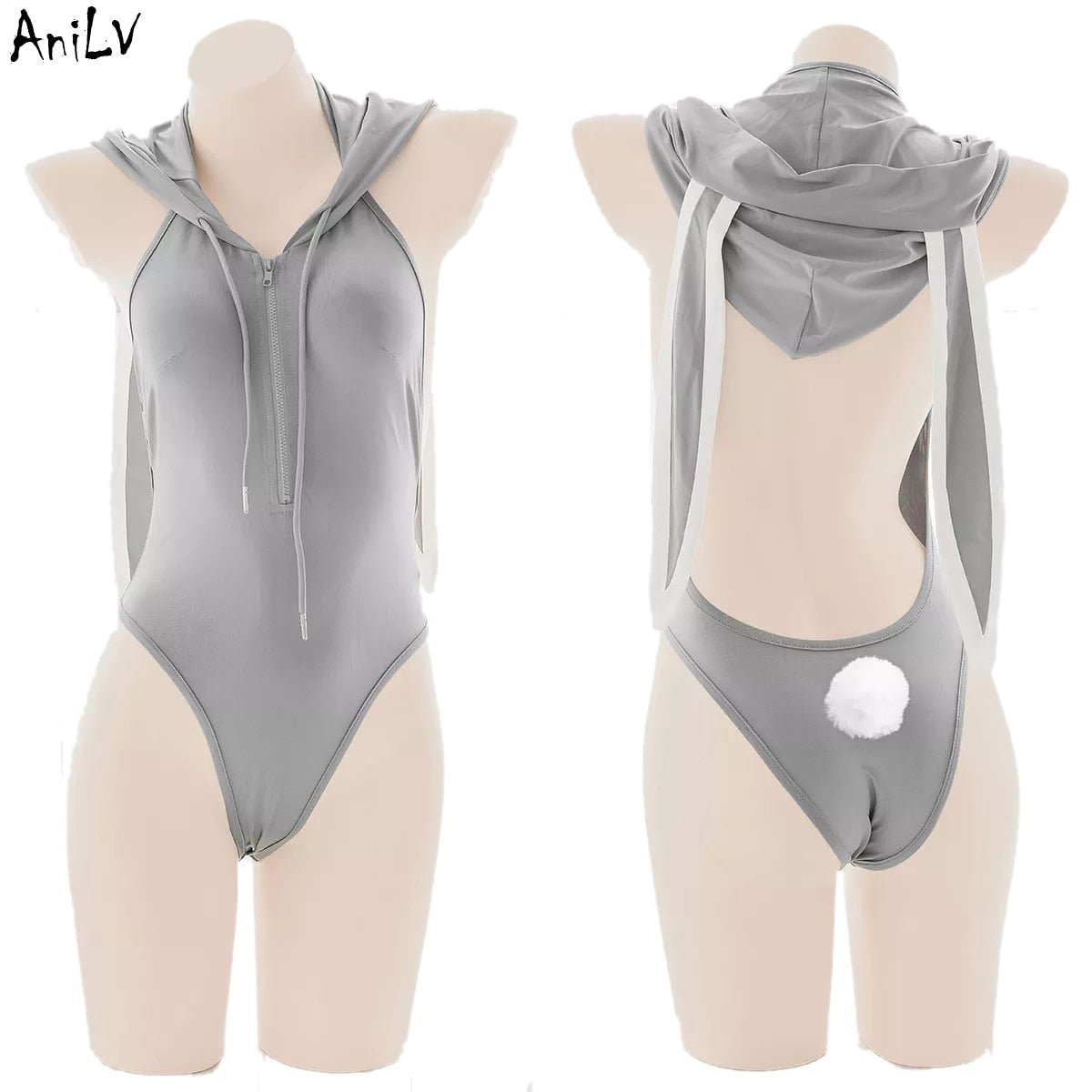 Cute Girl Bunny Gray Hooded Bodysuit - YouNameIt Anime